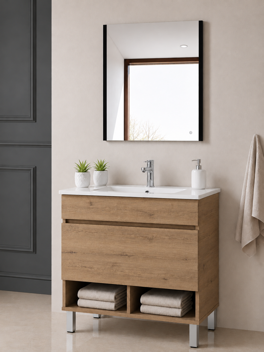 Mueble de baño con patas Nebari, cajón, estante y lavabo