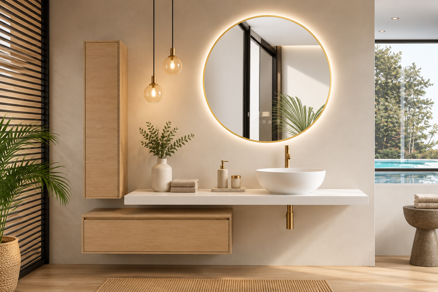 Mueble de baño color estepa compuesto por encimera 120 cm + modulo de 60 cm + columna 120x35 + lavabo bol MALLORCA