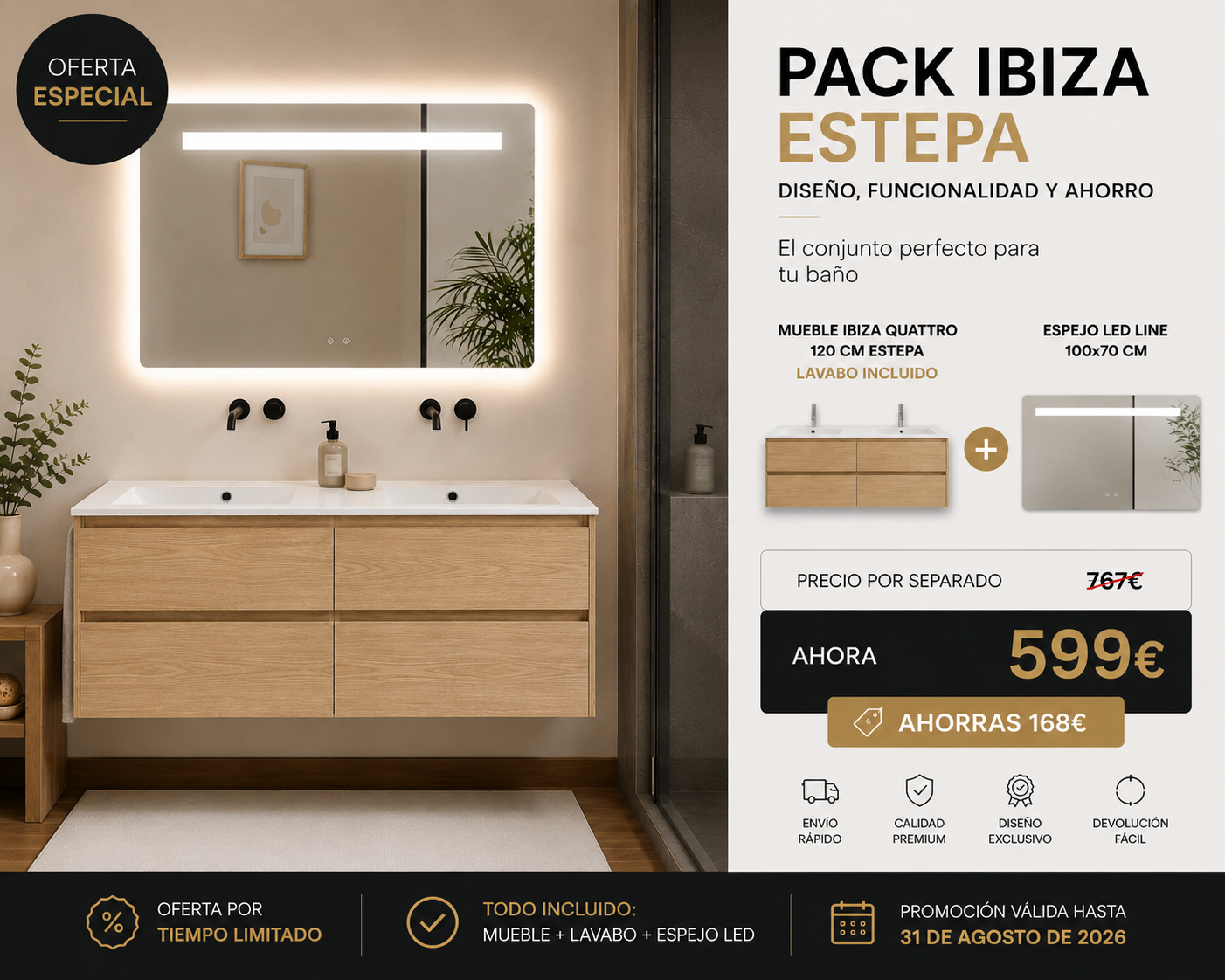 OFERTA Mueble de baño 120 cm color estepa IBIZA QUATTRO+ Espejo Led line 100 cm