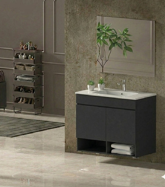 Mueble de baño suspendido NEBARI con puertas y lavabo extraplano