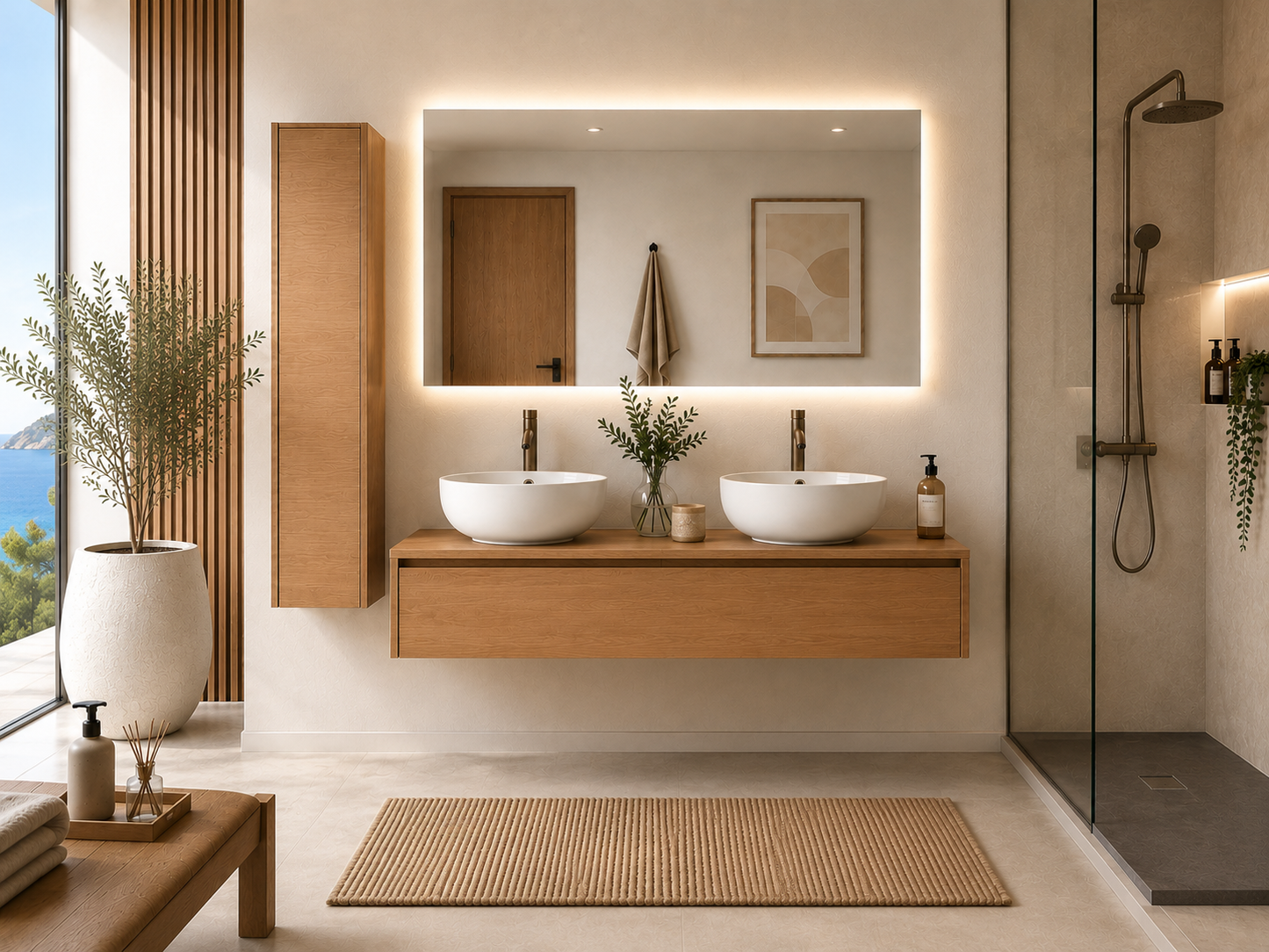 Mueble de baño con lavabo sobre encimera color estepa FORMENTERA